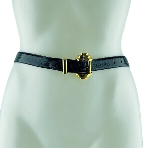 Vintage Black Leather Belt With Gold Buckle - Picture 1 of 11